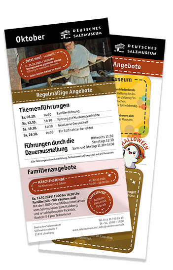 Vorschaubild für das Monatsprogramm Oktober mit Blick auf die beiden Seiten des Flyers